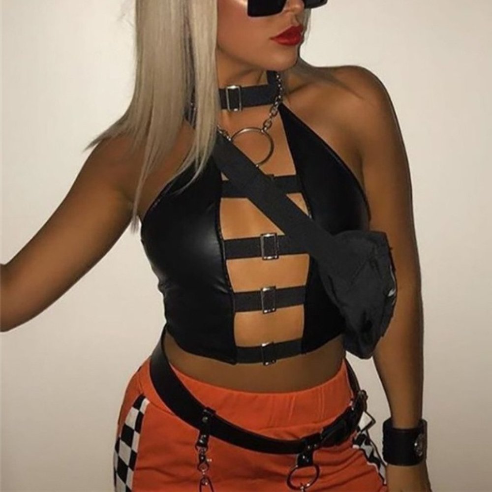 Black PU Leather Halter Rave Top